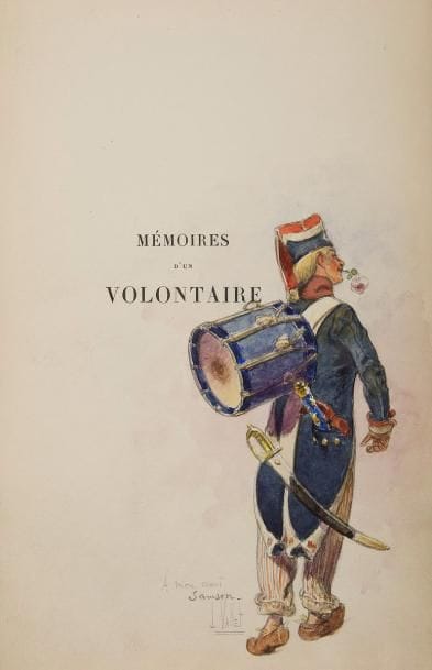 FRANCE (Anatole) - MOREAU (Adrien).
Mémoires d'un volontaire.
Paris : A. Ferroud, 1902. - In-8, 248 x 158 : (4 ff. premier blanc), 96 pp., (1 f. blanc), couverture illustrée. Demi-maroquin grenat à coins, filets dorés, dos à nerfs orné, tête dorée, non rogné, couverture et dos conservés (Ch. Septier).

Édition tirée à 400 exemplaires, illustrée de 26 compositions du peintre Adrien MOREAU (1843-1906) gravées à l'eau-forte par Xavier Lesueur, dont une sur le titre répétée sur la couverture, 20 dans le texte et 5 à pleine page.
Un des 80 exemplaires sur japon ou sur vélin d'Arches, celui-ci sur japon, contenant trois états des gravures dont l'eau-forte pure avec remarque. Il est en outre enrichi du prospectus de parution et d'UNE TRÈS BELLE AQUARELLE ORIGINALE sur le faux-titre, exécutée par l'aquarelliste et dessinateur Louis VALLET (1856-1940) et dédicacée à son " ami Samson ".
Bel exemplaire.