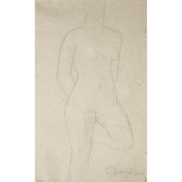 Charles DESPIAU (1874-1945)
Nu debout au genou plié 
Crayon sur papier. Tâches, une déchirure au centre et traces d’adhésif. Signé C. DESPIAU en bas à droite. 26?x?17,5?cm (à vue) (œuvre encadrée)
