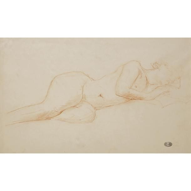 Charles DESPIAU (1874-1945)
Nu allongé
Sanguine sur papier. Une petite déchirure en haut à gauche. Marqué du cachet d’atelier en bas à droite 
26?x?35?cm (à vue). (Œuvre encadrée)
