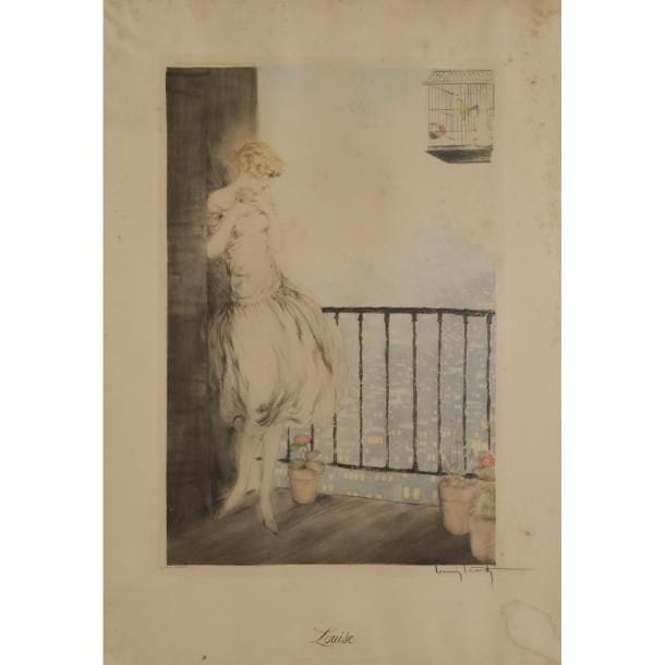 Louis ICART (1888-1950) 
Louise, œuvre conçue en 1927
Pointe sèche et aquatinte (réf. Holland, Catania & Isen fig. 317). Marges pleines. Mouillures, piqûres, taches et parties gondolées. Signée Louis ICART en bas à droite, mention Épreuve d’artiste, porte le timbre sec, la mention de Copyright et celle d’éditeur, titrée Louise dans un cartouche en cuvette dans la planche. À vue?: 69?x?48,5?cm
