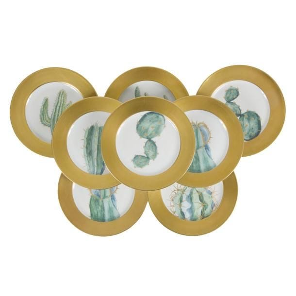Hilton Mc CONNICO (né en 1943) pour DAUM & LIMOGES France 
Cactus
Suite de 8 assiettes à dessert. Épreuves en porcelaine émaillée polychrome et dorées à l’or fin. Chacune signée des initiales HMC dans le décor et marquée du tampon au revers. D. 21,5?cm