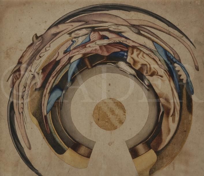 ÉCOLE du XIXe siècle
Homme en chapeau et manteau bleu - Couple en costume XVIIIe s. (anamorphoses)
Deux dessins à la gouache et à l’aquarelle sur vergé.
(Frottements et petites taches en surface ; plis verticaux partiellement fracturés ; feuillets collés sur carton).
44 x 49,5 cm chaque

Ces anamorphoses se lisent au moyen d’un miroir conique placé en leur centre à l’emplacement indiqué.
