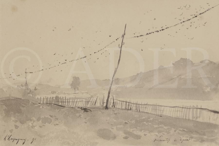 Henri-Joseph HARPIGNIES (1819-1916)
Hirondelles sur le départ, 1890
Lavis gris.
Signé en bas à gauche.
Annotation en bas à droite : « Préparatifs de départ ».
11 x 17,5 cm