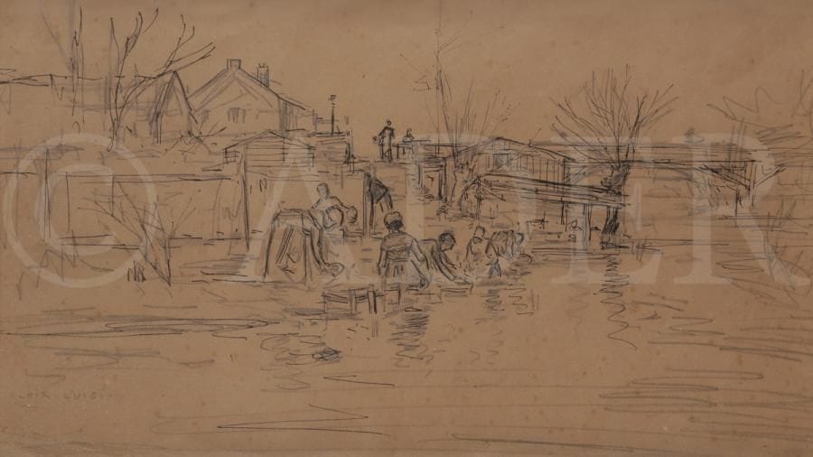 Luigi LOIR (1845-1916)
Les Lavandières
Encre de Chine sur traits de crayon.
Signé en bas à gauche.
19,5 x 33 cm