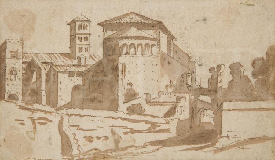 ÉCOLE HOLLANDAISE du XVIIe siècle
Vue de San Giovanni Paolo à Rome
Plume et encre brune, lavis brun.
14,5 x 25 cm