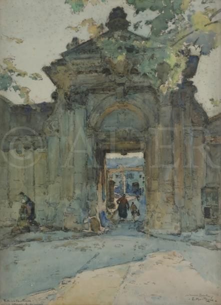 Louis MONTAGNE (1879-1960)
Villeneuve-lès-Avignon, la porte de la Chartreuse
Aquarelle et fusain.
Signée et dédicacée en bas à droite.
Située en bas à gauche.
62 x 45 cm