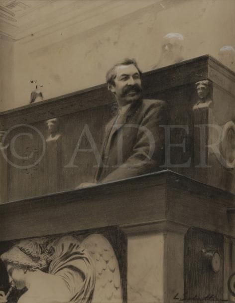 Louis-Rémy SABATTIER (1863-1935)
Aristide Briand à la tribune de l’Assemblée Nationale
Crayon noir sur fond de lavis et rehauts de gouache.
Signé en bas à droite.
29,5 x 23 cm