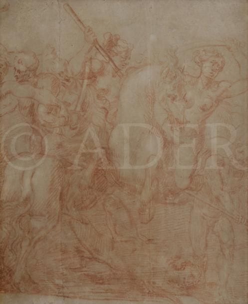 ÉCOLE FLAMANDE du XVIIe siècle
La Mort de Penthésilée, reine des Amazones
Sanguine.
(Mauvais état).
40 x 34 cm
Provenance : 
Collection de Monsieur de Nanteuil, vente Hôtel Drouot, Paris, 21 mai 1976.