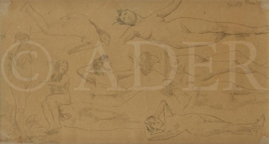 Henri FANTIN-LATOUR (1836-1904)
Entrant au bain
Mine de plomb sur calque.
Porte le timbre de la signature en haut à droite (Lugt 919e).
Annotations manuscrites de l’artiste.
(Accidents dans les quatre angles).
14 x 25,5 cm