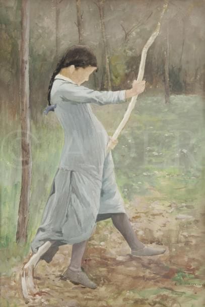Louis Welden HAWKINS (1849-1910)
Jeune fille à la branche
Gouache et aquarelle.
Signée en bas à droite.
49,5 x 34 cm