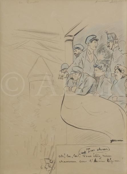 Jean-Louis FORAIN (1852-1931)
Au Paradis, journal amusant
Crayon noir, plume et encre de Chine.
Signé et titré en bas à droite.
32 x 24,5 cm

Nous remercions Madame Florence Valdès-Forain qui a aimablement confirmé l’authenticité de ce dessin sur photo.