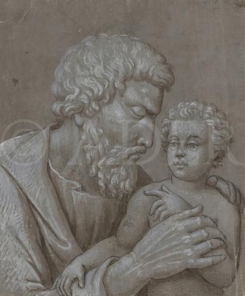 ÉCOLE ALLEMANDE du XVIIe siècle
Homme et enfant
Plume et encre brune, lavis brun et rehauts de gouache blanche sur papier préparé gris.
(Petites pliures).
16,3 x 13,4 cm