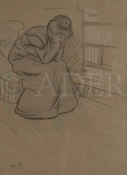 René-Georges Hermann, 
dit HERMANN-PAUL (1864-1940)
Femme assise, la tête dans les mains
Pierre noire et crayons de couleurs sur vélin grège
Porte au dos le timbre de la vente de l’atelier à Chartres en 2000.
Annotation « 13-3 » (date ?) dans l’angle inférieur gauche.
(Quelques traces de plis souples).
46 x 35,5 cm