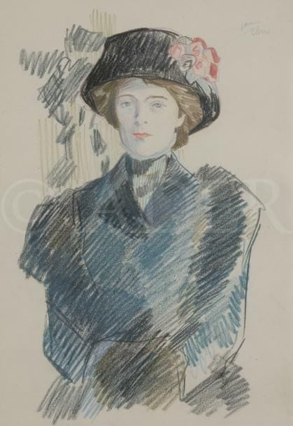 René-Georges Hermann, 
dit HERMANN-PAUL (1864-1940)
Femme en buste, chapeau noir à fleur
Crayons de couleurs sur vélin.
Porte au dos le timbre de la vente de l’atelier à Chartres en 2000.
Annotation de couleur dans l’angle supérieur droit.
30 x 21,5 cm