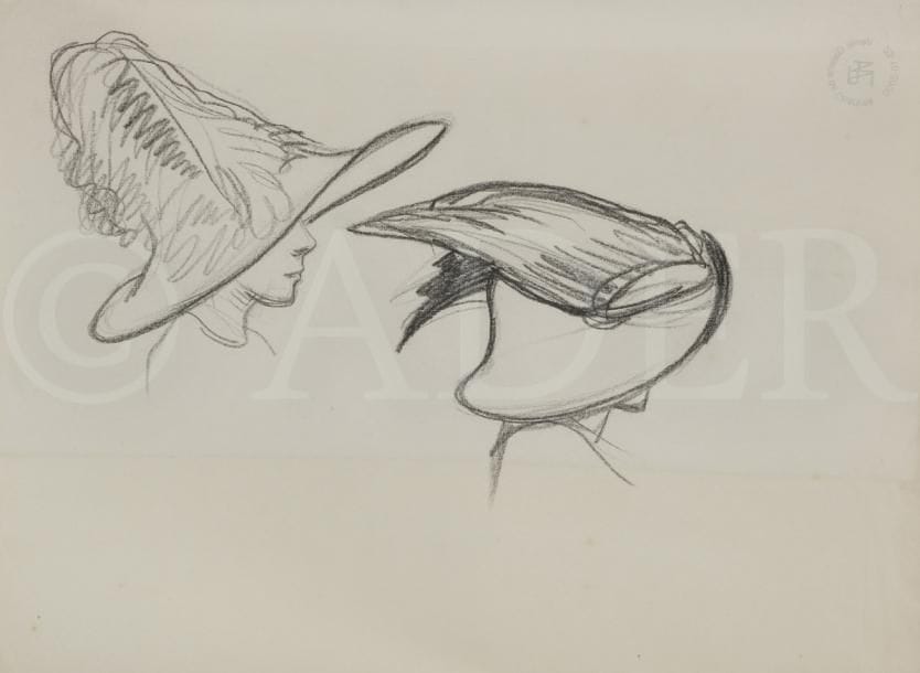 René-Georges Hermann, 
dit HERMANN-PAUL (1864-1940)
Femme assise - Études de chapeaux
Deux dessins à la pierre noire sur vélin mince.
Portent au dos le timbre de la vente de l’atelier à Chartres en 2000.
(Pli oblique médian au 2e). 
25 x 33 cm et 33 x 25 cm