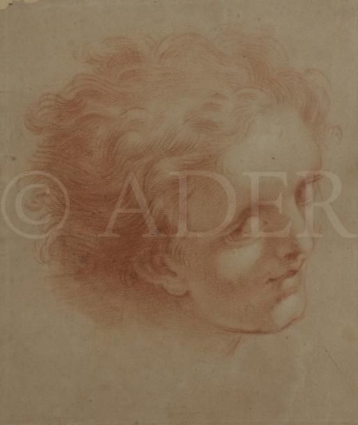 ÉCOLE ROMAINE du XVIIe siècle
Tête de jeune homme
Sanguine sur papier bleu.
Annoté « d’après le Corrège ».
(Coin manquant en haut à gauche).
29,5 x 25 cm