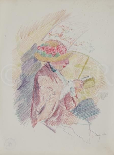 René-Georges Hermann, 
dit HERMANN-PAUL (1864-1940)
Femme au chapeau lisant
Crayons de couleurs sur vélin mince texturé.
Porte au dos le timbre de la vente de l’atelier à Chartres en 2000.
Annotation « manche » en pied à droite.
33 x 25 cm