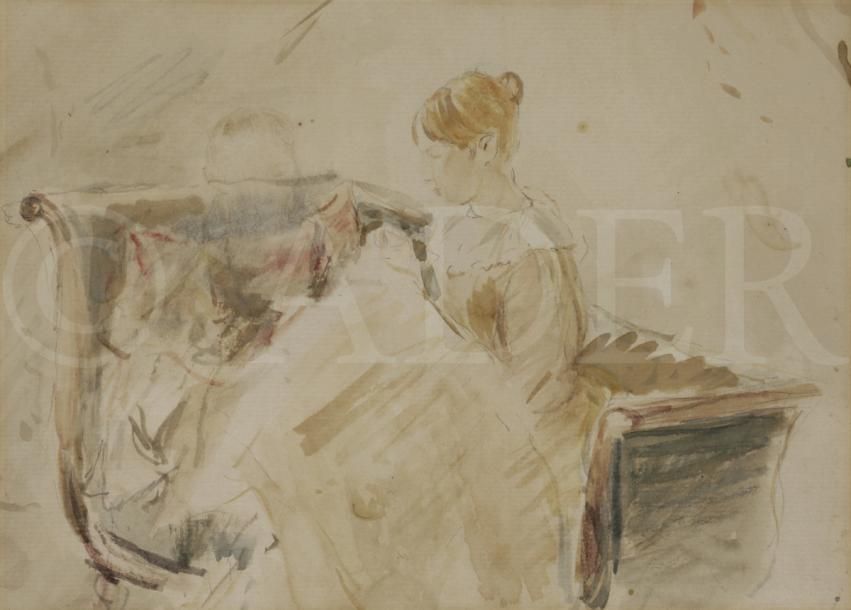 Berthe MORISOT (1841-1895)
La Broderie, 1889
Aquarelle.
17 x 23 cm

Expositions : 
- Berthe Morisot, pastels, aquarelles et dessins, Galerie L. Dru, Levallois, 1926, n°71.
- Berthe Morisot, Musée de l’Orangerie, 1941, n°204.
- Berthe Morisot, Galerie Motte, Genève, 1951.

Bibliographie : 
M.-L. Bataille, G. Wildenstein, Berthe Morisot, Catalogue des peintures, pastels et aquarelles, Paris, éd. Les Beaux-Arts, 1961, n°784 et reproduit sous la référence fig. 751.
 
Notre œuvre est une étude préparatoire au tableau La Broderie représentant Alice Gamby et Julie Manet dans le salon de la rue de Villejust. (Bataille n°246, fig. 265).
Le dessin préparatoire est conservé au Musée d’Orsay.