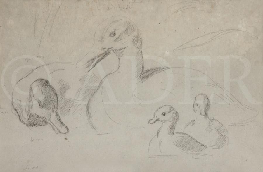 Attribué à Camille PISSARRO (1830-1903)
Étude pour la mare aux canards à Monfoucault
Crayon noir sur papier bleu.
Diverses annotations.
(Mauvais état).
42,5 x 28 cm
Provenance :
Collection Paul Geuneux, son cachet au verso de l’encadrement (Lugt 3441).