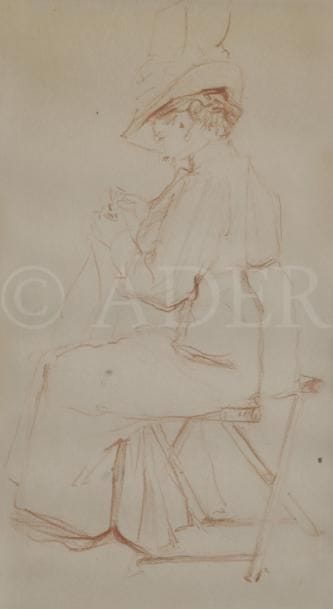 Henri-Edmond CROSS (1856-1910)
Femme à sa couture
Sanguine.
Non signée.
20 x 11 cm