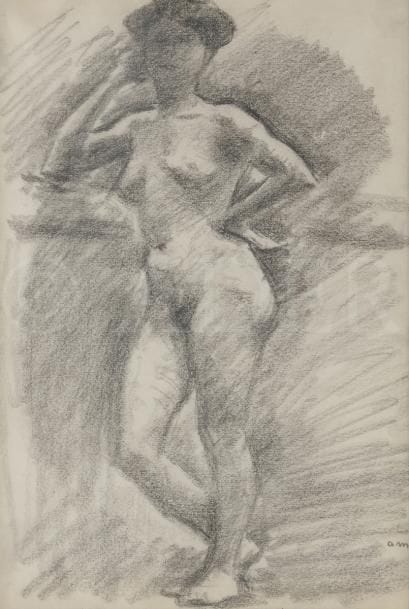 Albert MARQUET (1875-1947)
Femme nue en pied, accoudée
Mine de plomb sur vélin.
Signé des initiales en bas à droite.
21,5 x 15 cm