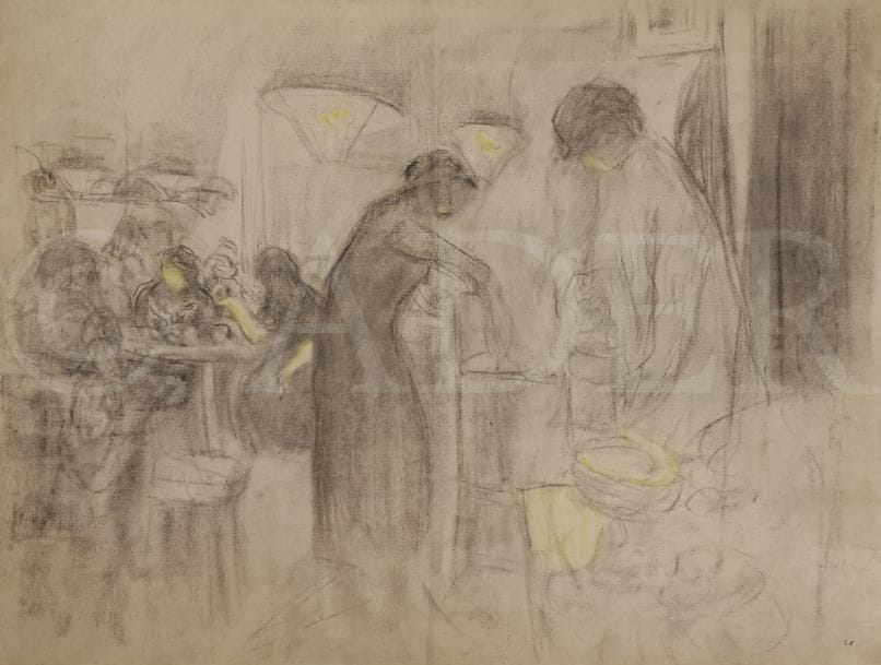 Édouard VUILLARD 
(1868-1940)
Étude pour « L’Ouvroir »
Fusain et pastel jaune sur papier doublé.
Porte le cachet de l’atelier en bas à droite.
48 x 63 cm

Cette étude avait été envisagée pour une version finale qui n’a jamais existé, pensée au profit d’une vente de charité pour les soldats de la Grande Guerre. Elle représente le moment de la distribution de la soupe dans un atelier - souvent à caractère confessionnel - où des femmes bénévoles se livrent à des travaux d’aiguille pour des œuvres de bienfaisance. La curiosité de cette œuvre vient de son traitement très nabi, quinze ans après. Vuillard, en fait, ne s’est jamais défait de la vision synthétique de ses jeunes années ; ses œuvres du début, qu’il conserve dans son atelier et qu’il consulte régulièrement, lui servent parfois à l’élaboration des œuvres en cours, comme ici pour La Soupe à l’Ouvroir. 

Nous remercions Monsieur Mathias Chivot pour les informations contenues dans cette notice.

Cette œuvre est enregistrée dans les Archives Vuillard.