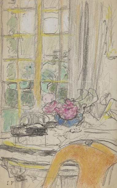Édouard VUILLARD (1868-1940)
La fenêtre au Château des Clayes, vers 1925-1930
Pastel et mine de plomb sur vélin.
Porte le cachet de l’atelier en bas à gauche.
18 x 11 cm

Ce pastel appartient à une série d’œuvres de petite taille que Vuillard exécute à partir de 1925. Les Hessel viennent d’acquérir le château des Clayes près de Versailles, que Vuillard élit comme un second domicile. Il représente ici le grand salon du château, dont on reconnaît au premier plan le dossier de la chaise Charles X en citronnier. La grande fenêtre est le sujet principal de la composition : elle donne sur une végétation luxuriante et laisse une échappée vers un bleu d’azur dans un dispositif que Bonnard n’aurait pas renié.

Nous remercions Monsieur Mathias Chivot pour les informations contenues dans cette notice.

Cette œuvre est enregistrée dans les Archives Vuillard.