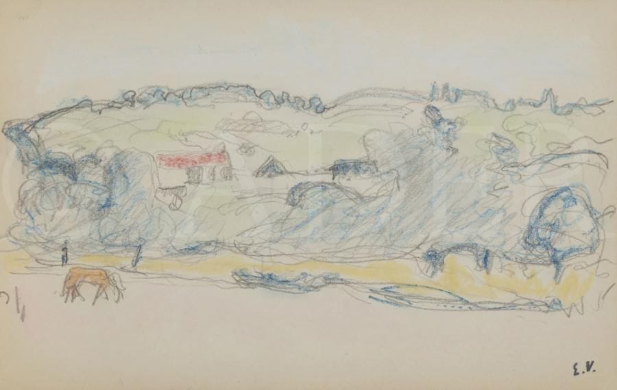 Édouard VUILLARD (1868-1940)
Paysage de l’Yonne, vers 1897-1899
Pastel et mine de plomb sur papier.
Porte le cachet de l’atelier en bas à droite.
11,2 x 17,5 cm

Vuillard exécute ce pastel lorsqu’il séjourne dans la maison de campagne de Thadée et Misia Natanson à Villeneuve-sur-Yonne, entre 1897 et 1899. C’est l’époque des longues promenades sur les coteaux de la région, en compagnie des Natanson, de Vallotton et de Toulouse-Lautrec. L’influence de Misia plane sur cette période qui est l’une des plus inspirée de l’artiste. 

Nous remercions Monsieur Mathias Chivot pour les informations contenues dans cette notice.

Cette œuvre est enregistrée dans les Archives Vuillard.
