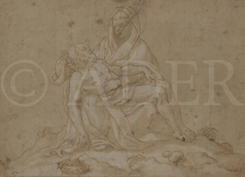 ÉCOLE DE FONTAINEBLEAU
Piéta
Plume et encre brune, lavis brun.
Mis au carreau et n°« 67 » en bas à gauche.
(Déchirure et petit manque).
13,5 x 18,5 cm
