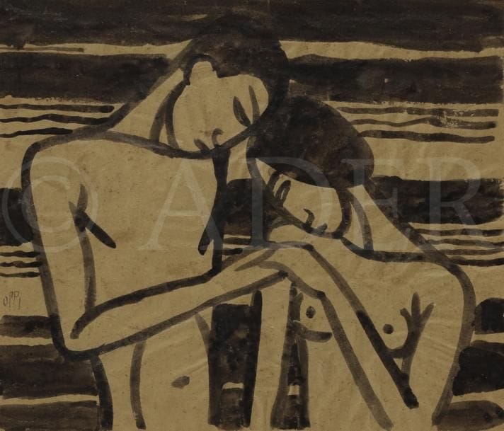 Ubaldo OPPI (1889-1942)
Couple à mi-corps, vers 1912-13
Pinceau et encre de Chine sur vélin ocre.
Signé à la plume au bord gauche au centre.
(Morceau de vélin collé au verso, renforçant le feuillet).
30,8 x 27 cm

Provenance :
Collection Domenica Walter-Guillaume, épouse de Paul Guillaume puis de Jean Walter. Par descendance successive.
