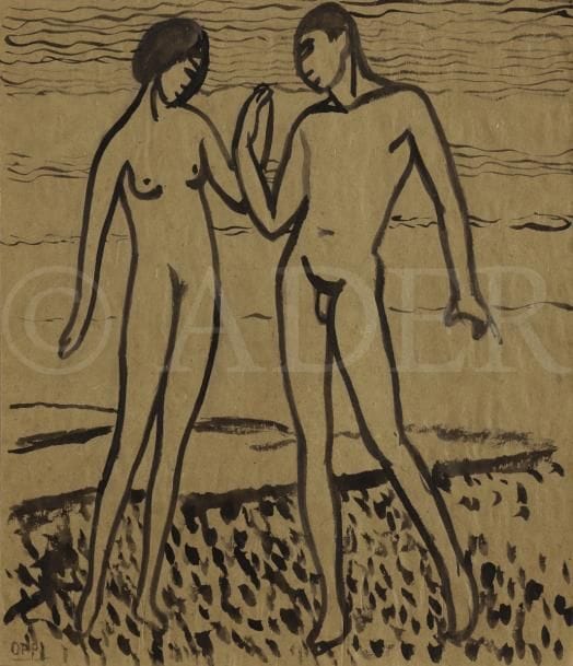 Ubaldo OPPI (1889-1942)
Couple en pied, vers 1912-13
Pinceau et encre de Chine sur vélin ocre.
Signé à la plume en bas à gauche.
(Trace de colle en tête au verso).
30,8 x 27 cm

Provenance :
Collection Domenica Walter-Guillaume, épouse de Paul Guillaume puis de Jean Walter. Par descendance successive.