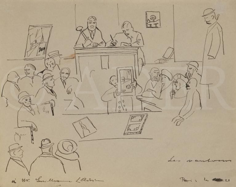 Lucien ADRION (1889-1953)
Les Vautours (caricature sur les ventes aux enchères), 1921
Plume et encre sur vélin monté par les angles supérieurs sur un feuillet de vergé portant un dessin de paysage biffé à la plume et sig
Dédicacé « à Mr [Paul] Guillaume » et signé en bas à gauche puis titré « Les Vautours » et daté « Paris le [biffé] 21 ».
(Infime tache rouge).
16,5 x 20,8 cm
Provenance :
Collection Domenica Walter-Guillaume, épouse de Paul Guillaume puis de Jean Walter. Par descendance successive.