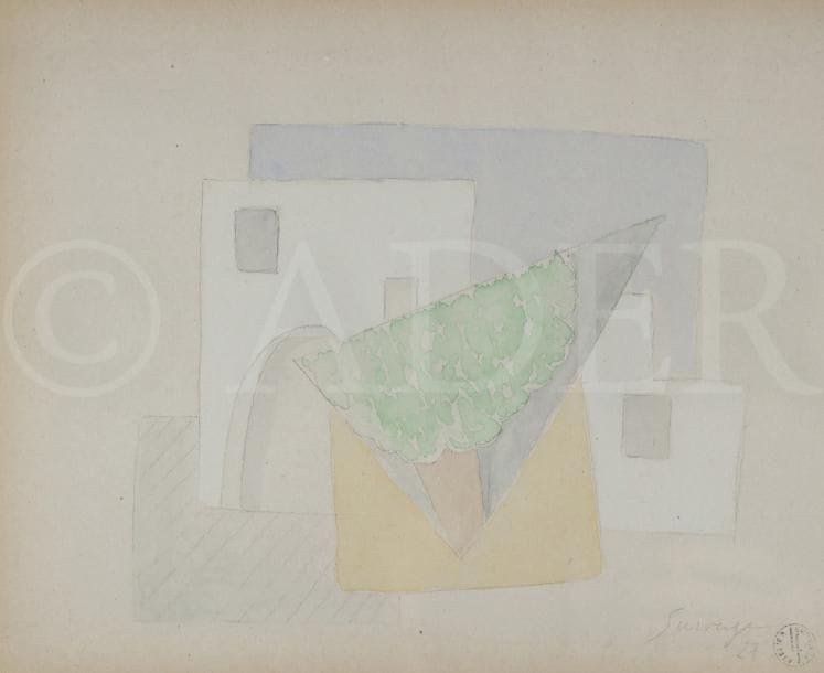 Léopold SURVAGE (1879-1968)
Ville à l’arbre, 1927
Aquarelle sur traits de crayon.
Signée et datée en bas à droite.
Porte le timbre de l’atelier.
16,5 x 20,5 cm