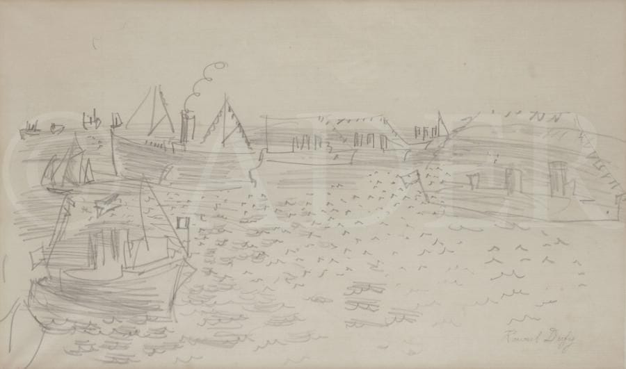 Raoul DUFY (1877-1953)
Bateau dans le port
Mine de plomb.
Signé en bas à droite.
33 x 52 cm