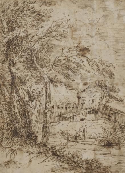 ÉCOLE BOLONAISE du XVIIe siècle
Paysage animé
Plume et encre brune.
(Trous et importantes restaurations).
25 x 18 cm