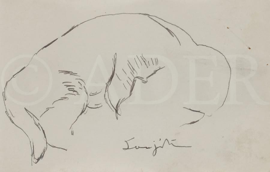 Léonard Tsuguharu FOUJITA (1886-1968)
Étude de chat
Plume et encre de Chine sur vélin mince.
Signé en pied.
7,2 x 11,5 cm
Provenance : 
Vente Cornette de Saint-Cyr, Succession Kimiyo Foujita. Un certificat sera remis à l’acquéreur.