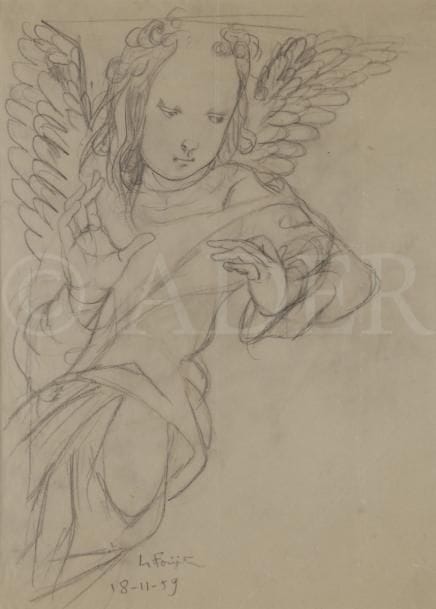 Léonard Tsuguharu FOUJITA (1886-1968)
L’Ange, 1959
Mine de plomb et estompe sur calque.
Signé en pied et daté « 18-11-59 ».
(Quelques traces de plis).
42,5 x 29,6 cm

Provenance : 
Vente Cornette de Saint-Cyr, Succession Kimiyo Foujita, 8 décembre 2013. Un certificat sera remis à l’acquéreur.

Dessin préparatoire au tableau Descente de croix (Noël 1959) reproduit dans S. et D. Buisson, La Vie et l’œuvre de Léonard Tsuguharu Foujita, Courbevoie, ACR Édition, 1987, p. 279.