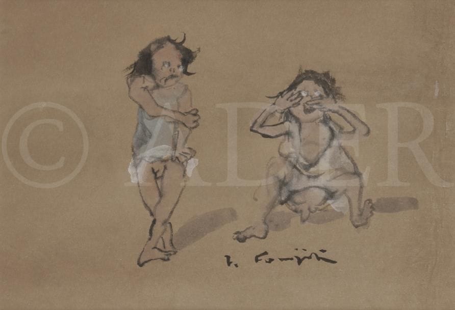 Léonard Tsuguharu FOUJITA (1886-1968)
La Dispute
Encre, lavis d’aquarelle et rehauts de gouache sur vélin brun.
Signé au pinceau en pied.
18,7 x 28,2 cm

Provenance : 
Vente Cornette de Saint-Cyr, Succession Kimiyo Foujita. Un certificat sera remis à l’acquéreur.