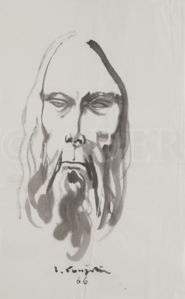 Léonard Tsuguharu FOUJITA (1886-1968)
Tête de Christ, 1966
Encre de Chine et pinceau sur vélin mince.
Signé et daté en pied.
(Fines traces de plis).
34,9 x 21,7 cm
Provenance : 
Vente Cornette de Saint-Cyr, Succession Kimiyo Foujita, 8 décembre 2013. Un certificat sera remis à l’acquéreur.

Dessin préparatoire à la fresque Le Baptême de Jésus réalisée par l’artiste pour la chapelle Notre-Dame de la Paix à Reims (1966). Il s’agit d’une étude pour le Christ baptisé.