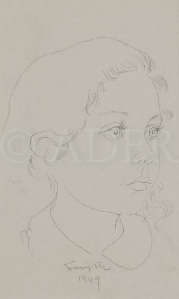Léonard Tsuguharu FOUJITA (1886-1968)
Tête de jeune fille, 1949
Mine de plomb sur vélin mince.
Signé et daté en pied.
30,2 x 15,6 cm
Provenance : 
Vente Cornette de Saint-Cyr, Succession Kimiyo Foujita, 9 décembre 2013. Un certificat sera remis à l’acquéreur.