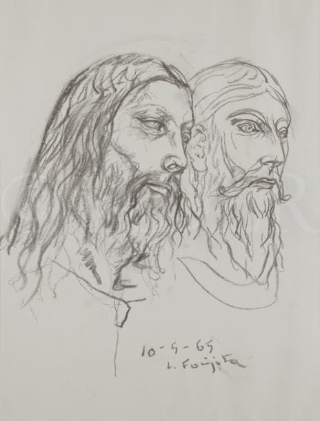 Léonard Tsuguharu FOUJITA (1886-1968)
Têtes d’hommes barbus, 1965
Fusain et estompe sur vélin blanc.
Daté « 10-5-65 » et signé en pied.
45 x 39,8 cm
Provenance : 
Vente Cornette de Saint-Cyr, Succession Kimiyo Foujita, 8 décembre 2013. Un certificat sera remis à l’acquéreur.

Dessin préparatoire à la fresque Le Baptême de Jésus réalisée par l’artiste pour la chapelle Notre-Dame de la Paix à Reims (1966). Il s’agit d’une étude pour le saint agenouillé à l’arrière-plan à gauche.