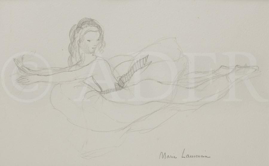 Marie LAURENCIN (1885-1956)
Alice et la reine… 1930
Mine de plomb sur vélin.
Signé en pied.
21 x 27,5 cm
Provenance : 
Collection H.-M. Petiet (avec son timbre, Lugt 5031).

Étude pour L. Carroll, Alice au pays des Merveilles, Paris, Black Sun Press, 1930, illustré par l’artiste de lithographies. (Réf. Marchesseau 161).