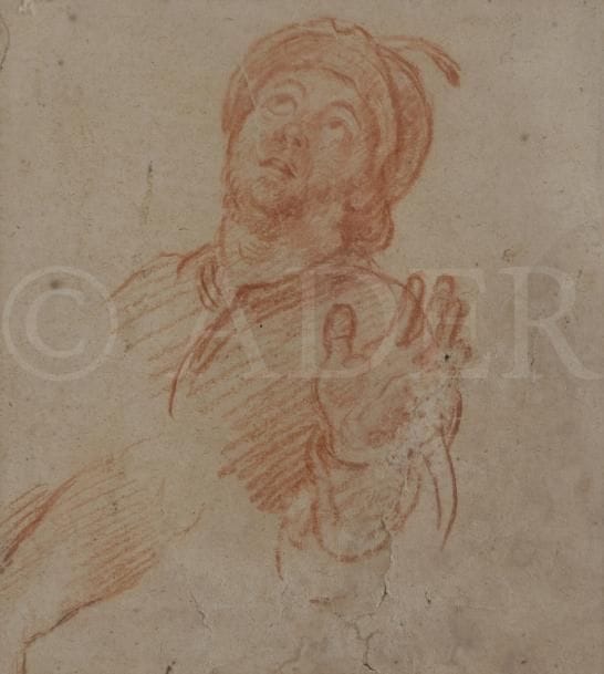 Charles DE LA FOSSE (1636-1716)
Figure de soldat les yeux levés - verso : pied et jambe de cheval
Sanguine et légères traces de pierre noire.
(Mauvais état).
18 x 17 cm

Nous remercions Mme Gustin-Gomez, qui nous a aimablement confirmé l’authenticité de ce dessin, d’après une photographie.
