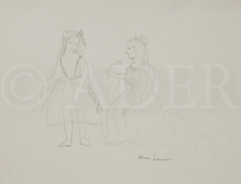 Marie LAURENCIN (1885-1956)
Toute personne plus grande… 1930
Mine de plomb sur vélin.
Signé en pied.
21 x 27,2 cm
Provenance : 
Collection H.-M. Petiet.

Étude pour L. Carroll, Alice au pays des Merveilles, Paris, Black Sun Press, 1930, illustré par l’artiste de lithographies. (Réf. Marchesseau 162).