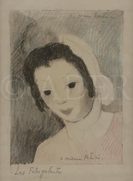 Marie LAURENCIN (1885-1956)
Portrait de jeune femme, étude pour « Les Fêtes Galantes »
Mine de plomb et crayons de couleurs.
Signé en haut à droite.
Titré et dédicacé « A madame Pétridès ».
20,5 x 15 cm

Notre dessin est un projet d’illustration pour Les Fêtes Galantes de Paul Verlaine.