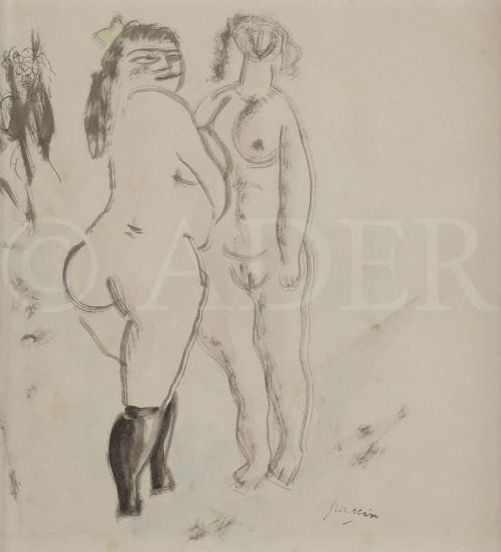 Julius PINKAS, 
dit PASCIN (1885-1930)
Deux filles nues en pied
Pinceau et encre de Chine sur vélin, avec croquis à la plume au bord gauche.
Timbré dans l’angle inférieur droit (Lugt 2014a).
21,5 x 21 cm

Nous remercions le Comité Pascin d’avoir confirmé l’authenticité de cette œuvre.