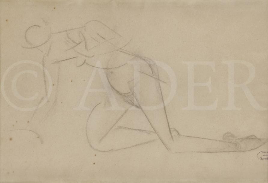 Marie VASSILIEFF (1884-1957)
Nu agenouillé, vers 1910-1915
Fusain sur vélin.
Timbre de l’atelier en bas à droite (Lugt non décrit).
(Quelques rousseurs éparses).
25,5 x 35 cm
Provenance : 
Galerie Samuel, Paris.

Reproduit dans le catalogue Marie Vassilieff, disegni cubisti 1909-1915, Galerie Martini et Ronchetti, Gênes, Italie.
