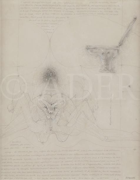 Hans BELLMER (1902-1975)
Pour Sade, IV, 1946
Dessin érotique à la mine de plomb avec rehauts de gouache blanche sur vélin, entouré de lignes de texte extraits de Sade (Les 120 jours de Sodome ou L’École du libertinage, 17e journée) manuscrites par l’artiste. 
Signé en bas à droite. 
(Petits manques en tête dans le texte avec restaurations au verso).
25,5 x 21 cm

Provenance : 
Galerie A. F. Petit, Paris.

Expositions : 
Museum of Contemporary Art, Chicago ; Saint-Sébastien, Koldo Mitxelena Kulturunea, « Formas del abismo : el cuerpo y su representación extrema en Francia, 1930-1960 », 1994-1995.