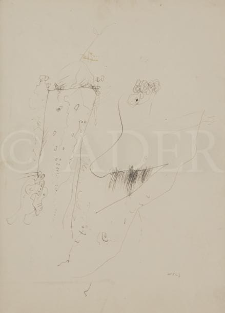 Alfred Otto Wolfgang SCHULZE, dit WOLS (1913-1951)
En conversant, Cassis, 1947
Plume et encre brune sur papier.
Signé en bas à droite.
32 x 24 cm

Provenance : 
- Collection Otto Wols, France.
- Collection Gréty Wols, France.
- Succession Marc Johannes, France.

Expositions : 
- Wols, dessins, aquarelles, peintures 1932-1951, Musée des Beaux-Arts de Rennes, juin-juillet 1974, n°39B
- Wols, The Contemporary Art Gallery, Seibu Art, Tokyo, 22 juin-18 juillet 1984, n°21.
- Surrealistas : Exilio y Amistad - Varian Fry y los candidatos al exilio, Marsella 1940-1941, Palacio de Sastago, Saragosse, 7 octobre-5 décembre 1999, reproduit p. 171.

Bibliographie : 
S. Chiba, L’Œuvre de Wols, Catalogue Raisonné, thèse pour le doctorat d’Université de Paris, Paris, 1974, reproduit p. 213.

Un certificat du Docteur Ewald Rathke en date du 15 avril 2011 sera remis à l’acquéreur.