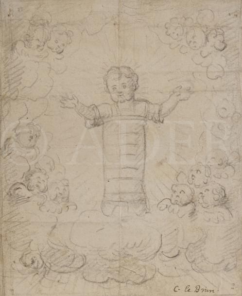 ÉCOLE FRANÇAISE du XVIIe siècle
Enfant Jésus entouré de chérubins
Crayon noir.
Annoté à la plume et à l’encre brune « C.Lebrun » en bas à droite. 
(Pliures et trous d’épingles). 
19,2 x 16,2 cm